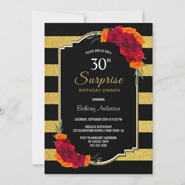 Invitation Rose rouge rayé Surprise 30e anniversaire Dîner (Devant)