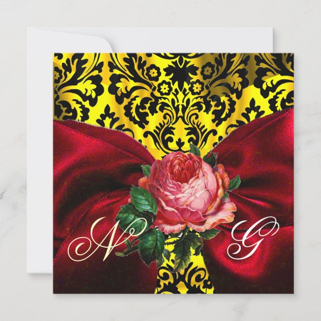 INVITATION ROSE ROUGE RIBBON OR JAUNE BLACK DAMASK MONOGRAM (Devant)