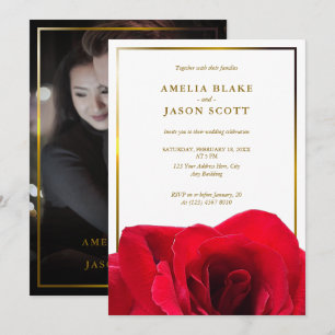 Invitation Rose rouge sur blanc   Cadre Gold avec Mariage pho