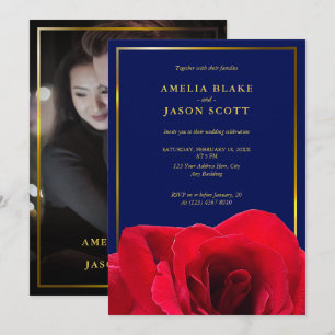 Invitation Rose rouge sur bleu profond   Mariage photo Gold F