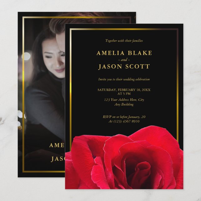 Invitation Rose rouge sur noir | Cadre Gold avec Mariage phot (Devant / Derrière)