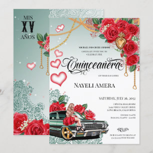 Invitation Rose rouge Vert Lowrider Mexicana Chola Quinceañer