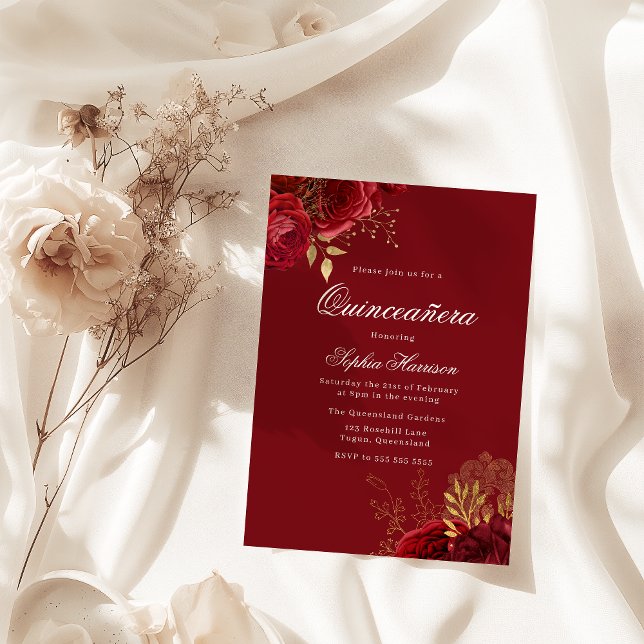 Invitation Rose rouge Vintage classique et Quinceanera or (Créateur téléchargé)