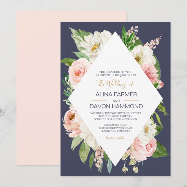 Invitation Rose rougissant rose blanc rose blanc marine Maria (Devant / Derrière)
