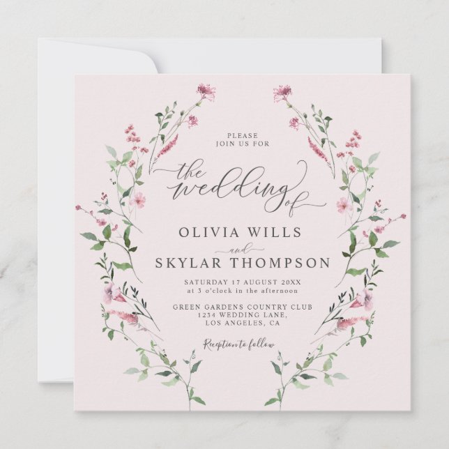 Invitation Rose roux Fleur sauvage  jardin rose Mariage (Devant)