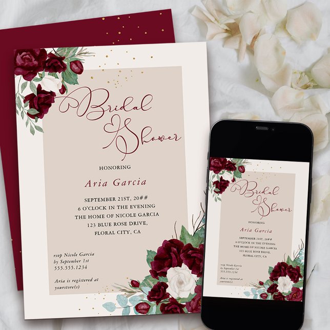 Invitation Rose royal Bourgogne Fête des mariées florale d'iv (Bridal Shower Invitation from my Royal Roses collection
)