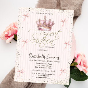 Invitation Rose Ruban Couronne Royale Confettis Rayée Douze A
