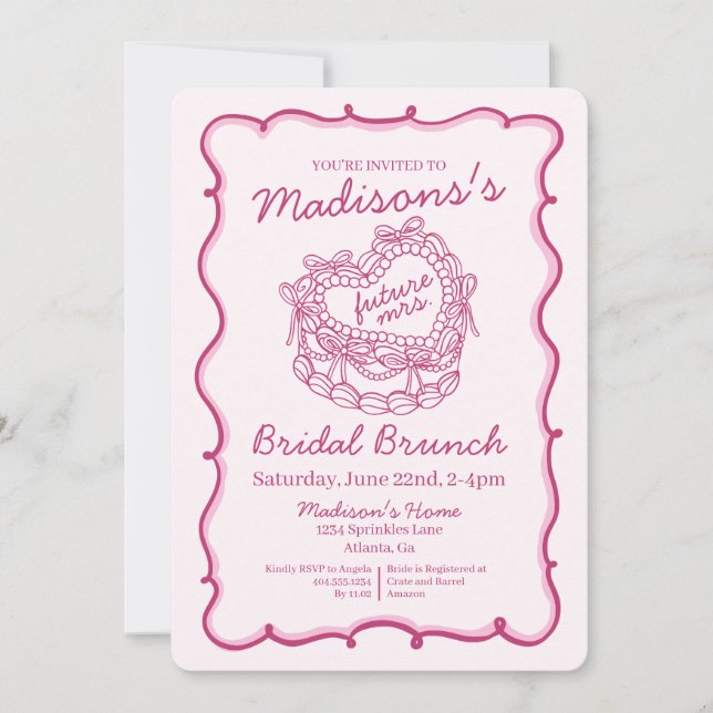 Invitation Rose Ruban Rétro Cœur Coquette Gâteau Mariage Peti (Devant)