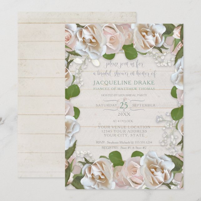 Invitation Rose Rustique Bois Bébés Respirer Fête des mariées (Devant / Derrière)