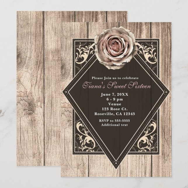 Invitation Rose rustique Élégant Bois Léger Diamant Invitatio (Devant / Derrière)