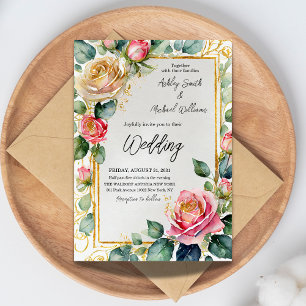 Invitation Rose rustique encadré aquarelle Mariage floral