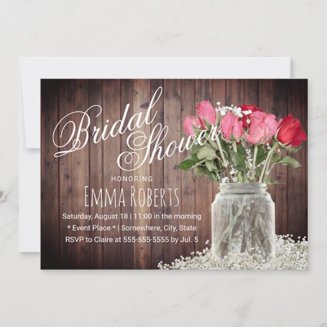Invitation Rose rustique Floral Mason Jar Fête des mariées (Devant)