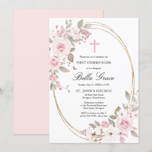Invitation Rose Rustique Floral Première Sainte Communion Inv