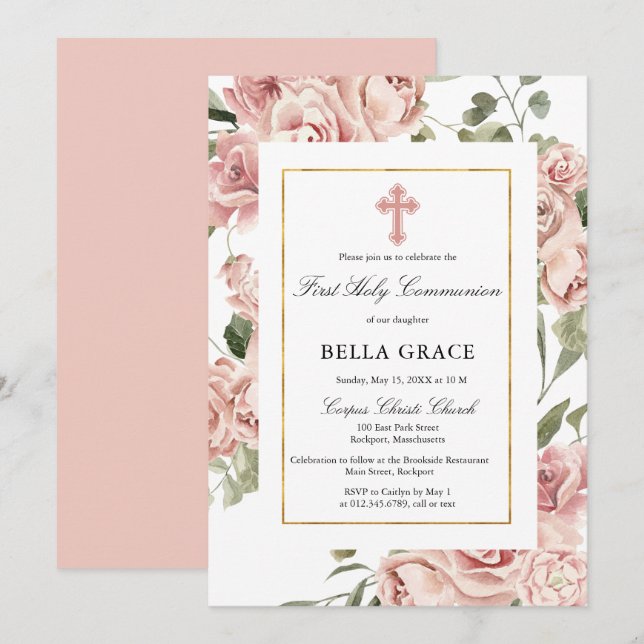 Invitation Rose Rustique Rose Floral Première Communion Saint (Devant / Derrière)