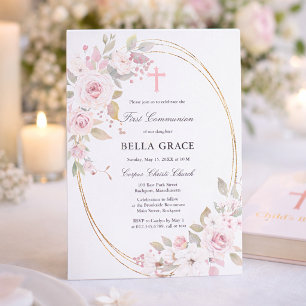 Invitation Rose Rustique Rose Floral Première Communion Saint
