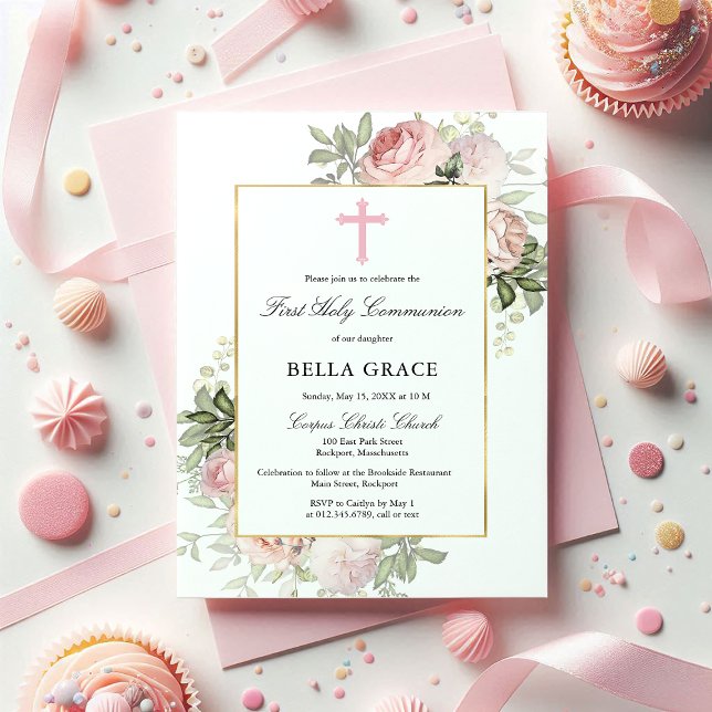 Invitation Rose Rustique Rose Floral Première Communion Saint (Créateur téléchargé)