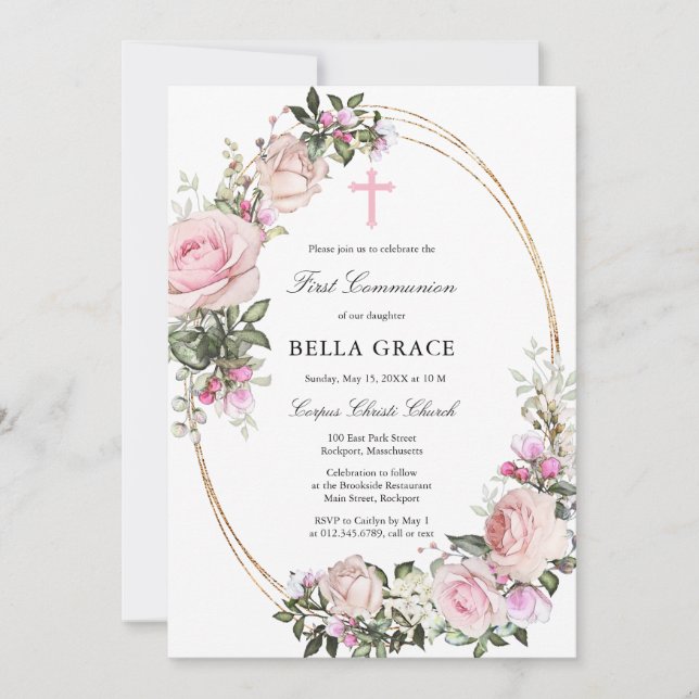 Invitation Rose Rustique Rose Floral Première Communion Saint (Devant)