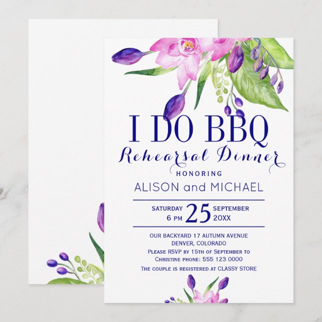 Invitation Rose saumon prune marine je fais le dîner de répét (Devant / Derrière)