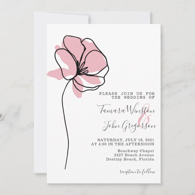 Invitation Rose simple Gold Floral ligne de dessin Art Mariag (Devant)