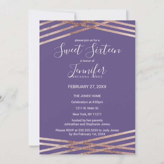 Invitation Rose simple Lined Gold Violet Sweet 16 (Devant)