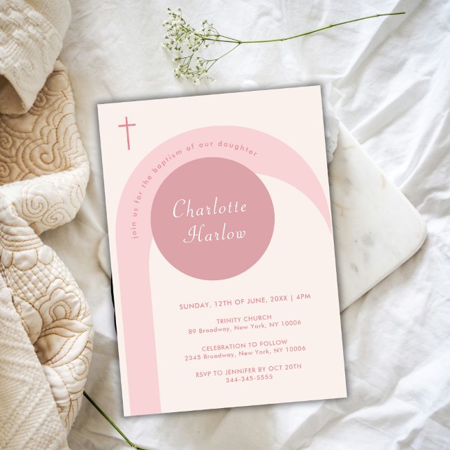 Invitation Rose Simple moderne Boho Arch Cross Girl Baptême (Pink Simple Modern Boho Arch Cross Girl Baptism Invitation)