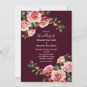 Invitation Rose sombre et rouge roses mariage bordeaux