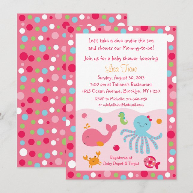 Invitation Rose sous le baby shower de mer (Devant / Derrière)