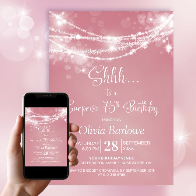 Invitation Rose String Lights Surprise 75e anniversaire fête (Créateur téléchargé)