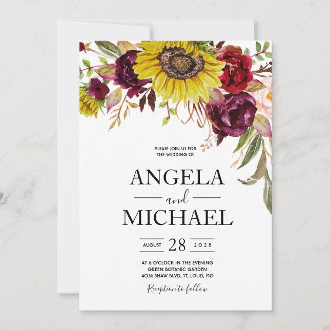Invitation Rose Sunflower Burgundy Red Blush Peony (Devant)