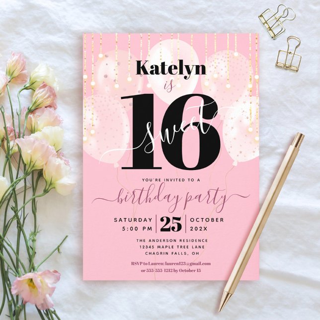 Invitation Rose Sweet 16 Anniversaire Fille Glam Balloons Scr (Créateur téléchargé)