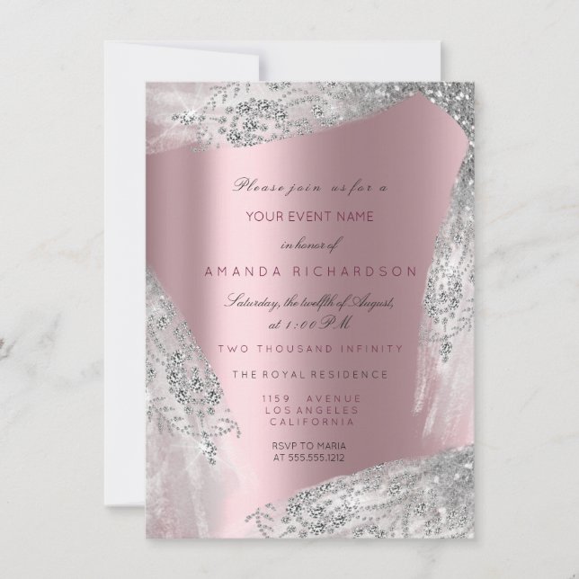 Invitation Rose Sweet 16 Mariage Argent Rose Mauve (Devant)