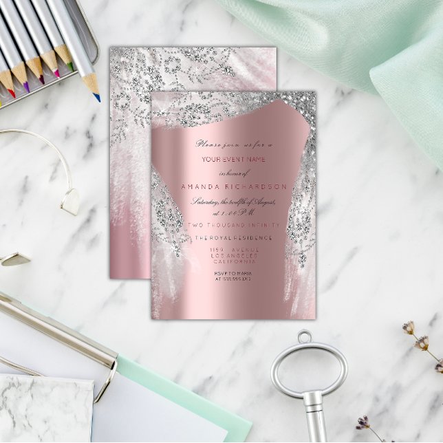 Invitation Rose Sweet 16e Rose nuptiale gris argenté (Pink Sweet 16th Bridal Silver Gray Rose Sparkly Invitation)