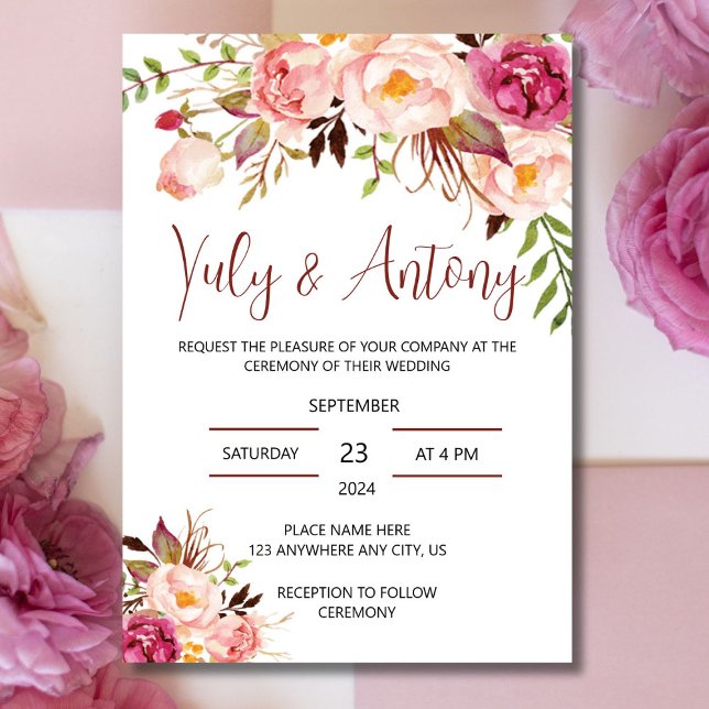 Invitation Rose template Invitación para boda floral acuarela (Tarjeta acuarela de rosas )