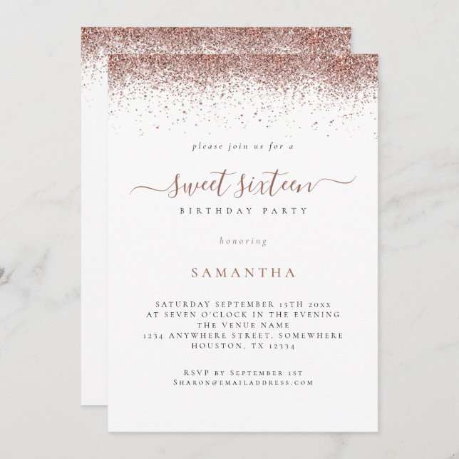 Invitation Rose tendance Parties scintillant or Script Sweet  (Devant / Derrière)