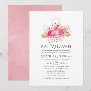 Invitation Rose tropicale rose et or aquarelle Bat Mitzvah