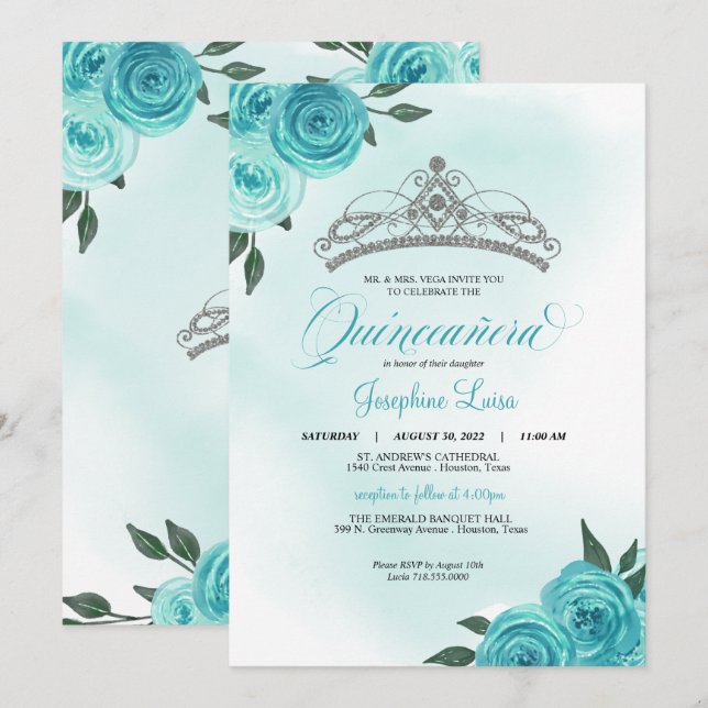 Invitation Rose turquoise Argent Tiara Quinceañera Anniversai (Devant / Derrière)