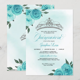 Invitation Rose turquoise Argent Tiara Quinceañera Anniversai