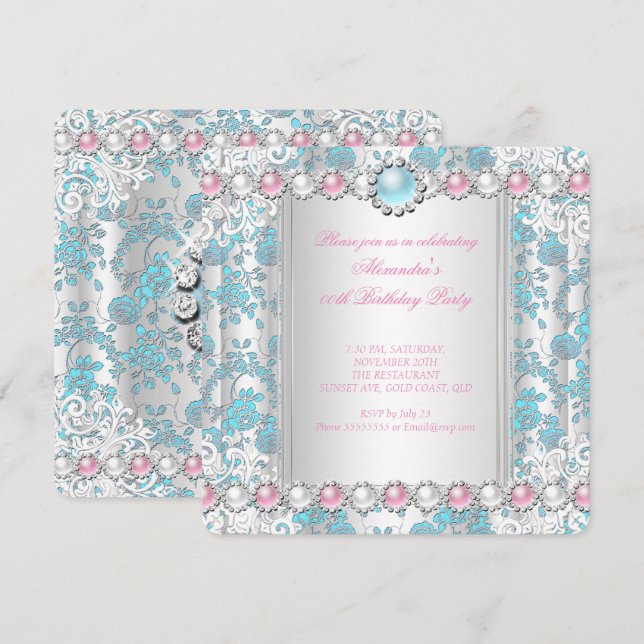 Invitation Rose Turquoise Damask White Pink Pearl fête d'anni (Devant / Derrière)