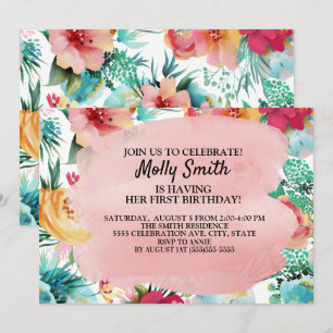 Invitation Rose Turquoise Fleurs Jaunes Fille Premier anniver