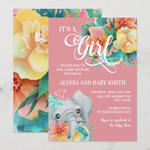 Invitation Rose Turquoise Jaune Floral Eléphant bébé fille Do