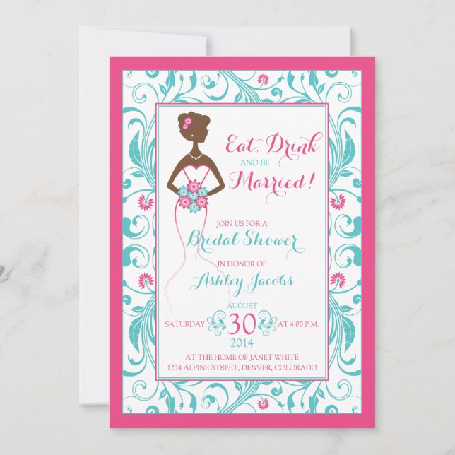 Invitation Rose Turquoise Mariée Manger Fête des mariées Bois (Devant)