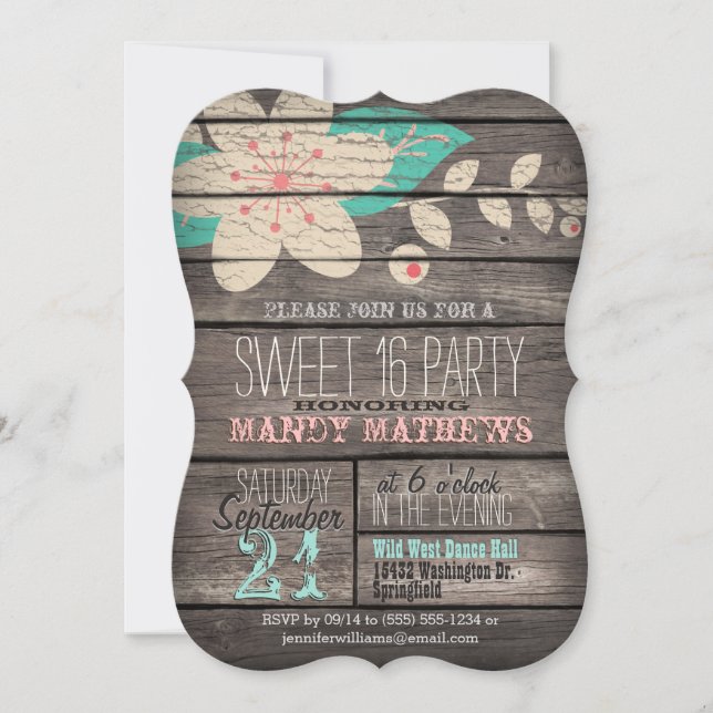 Invitation Rose & Turquoise Rustique Bois sucré 16 Partie (Devant)