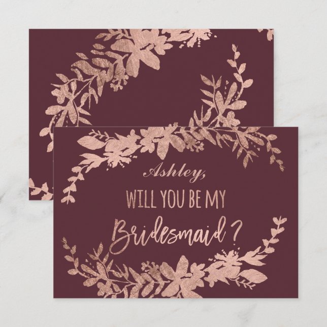 Invitation Rose Typographie or Floral burgundy bridesmaid (Devant / Derrière)