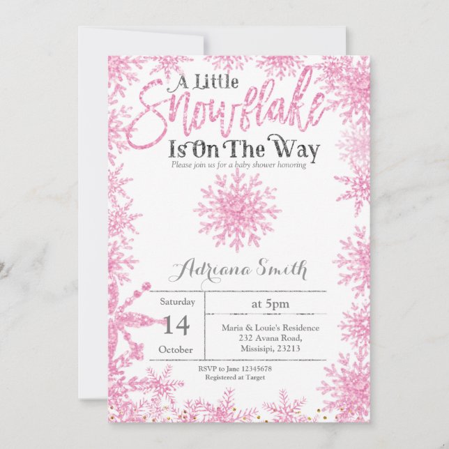 Invitation Rose Un petit flocon de neige est en route baby sh (Devant)