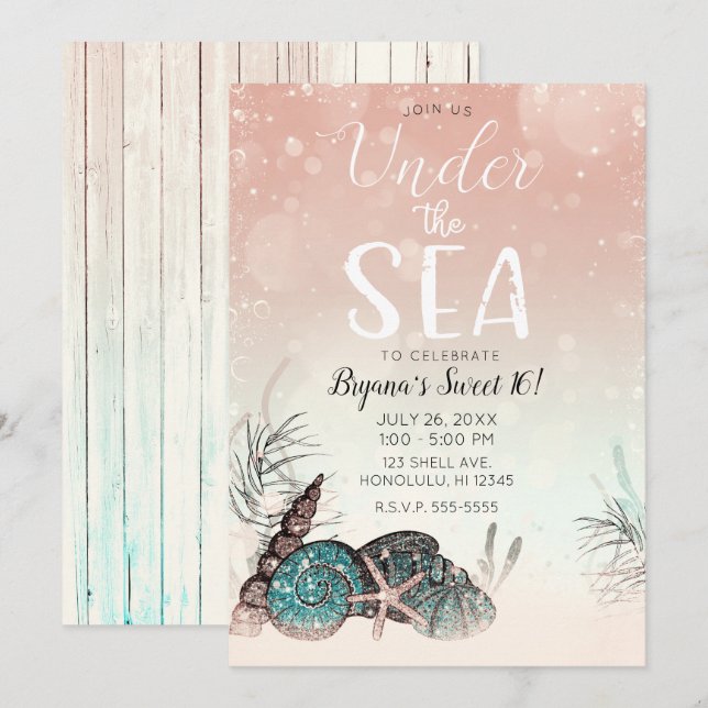 Invitation Rose Under the Sea Shells Beach Sweet 16 Party (Devant / Derrière)