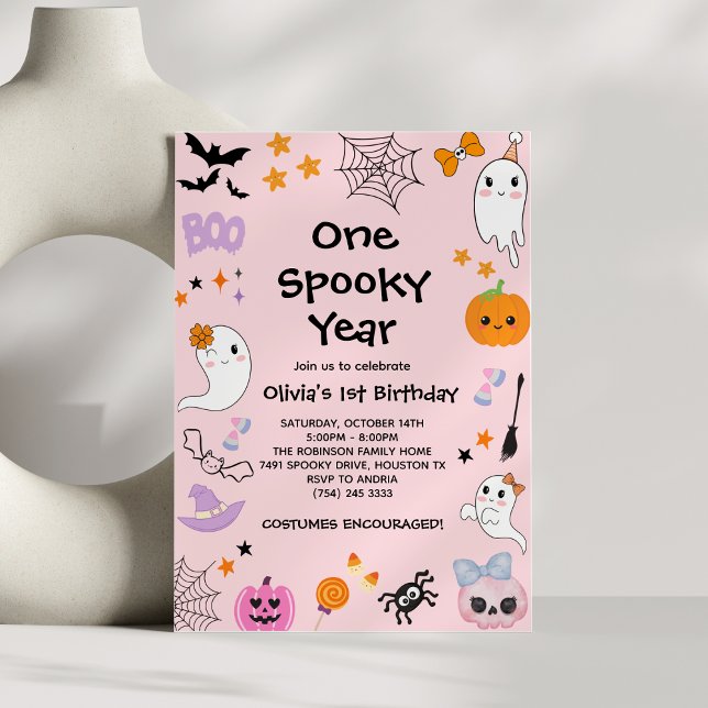 Invitation Rose une année Éffrayante Fantôme Halloween 1er an (Pink One Spooky Year Ghost Halloween 1st Birthday Invitation )