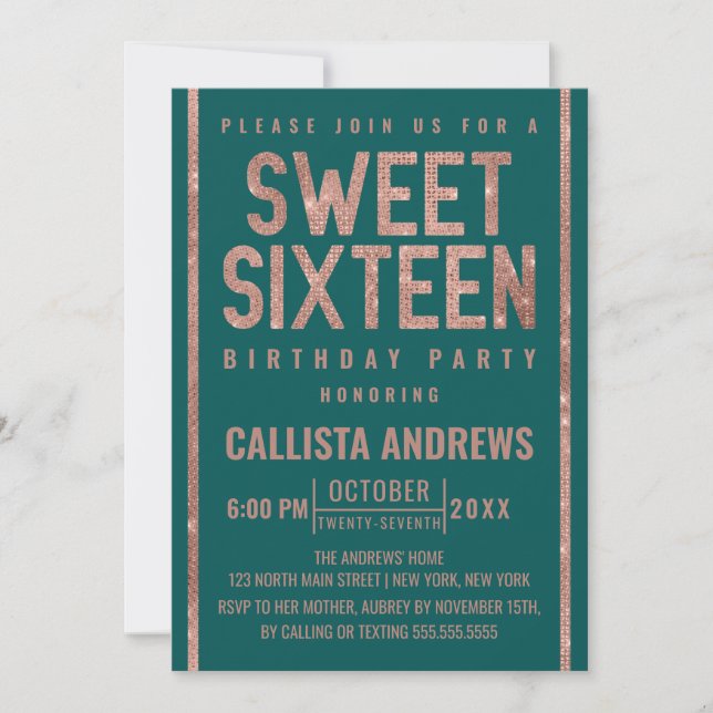 Invitation Rose vert moderne Parties scintillant or Cadre Swe (Devant)