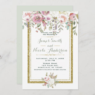 Invitation Rose Vert & Or Moderne Floral Pastel Mariage