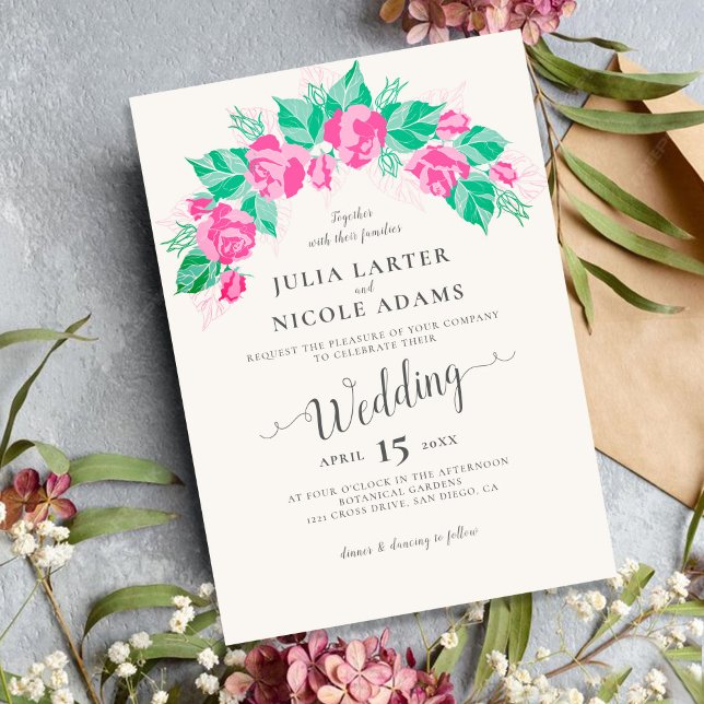 Invitation Rose Vert Rose Pétales Fleurs Jardin Mariage (Créateur téléchargé)