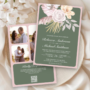 Invitation Rose vert rustique rose floral QR Code Mariage